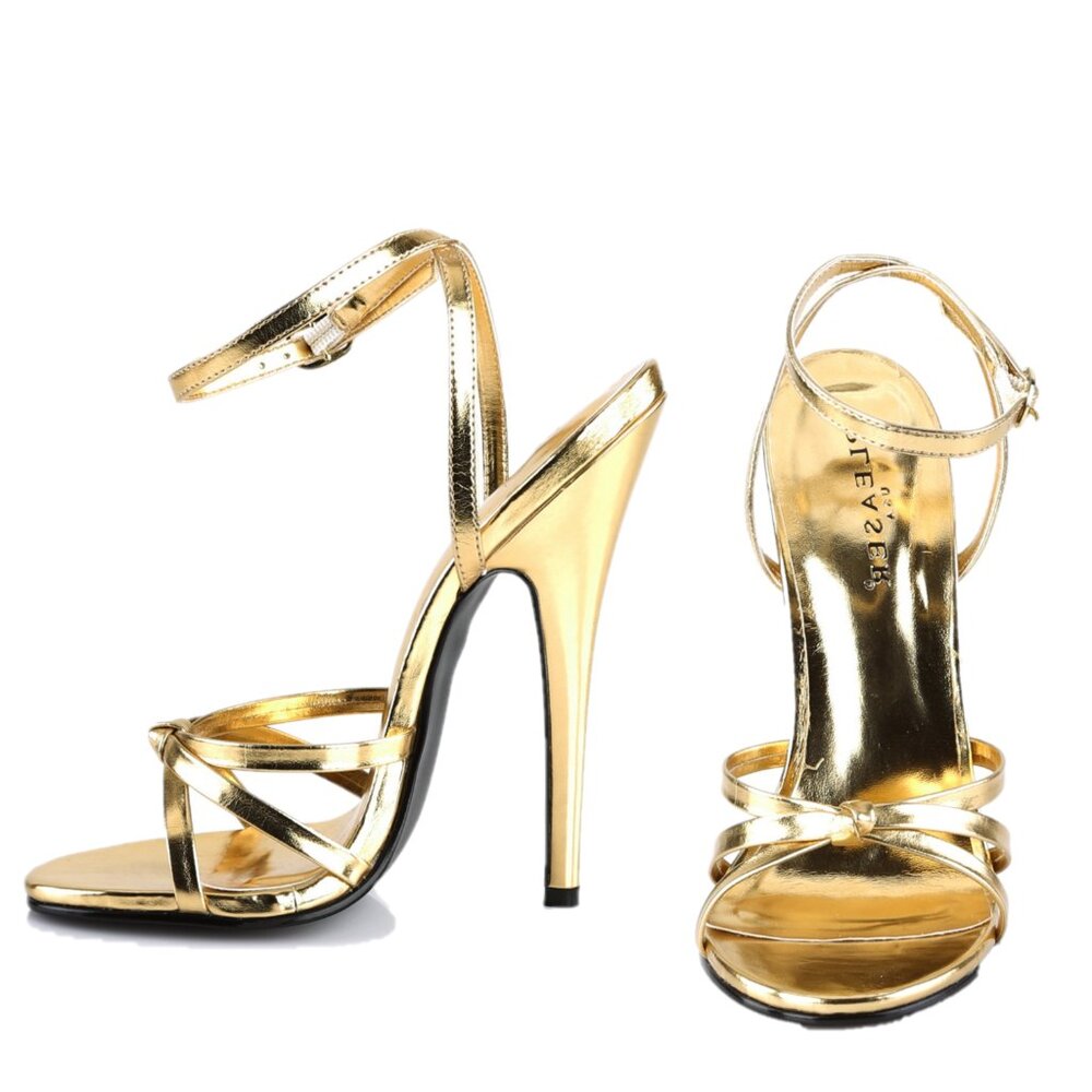 Domina 108 Gold 6" Heel Sandals Ankle Wrap Strap Shoes New In Box Devious
